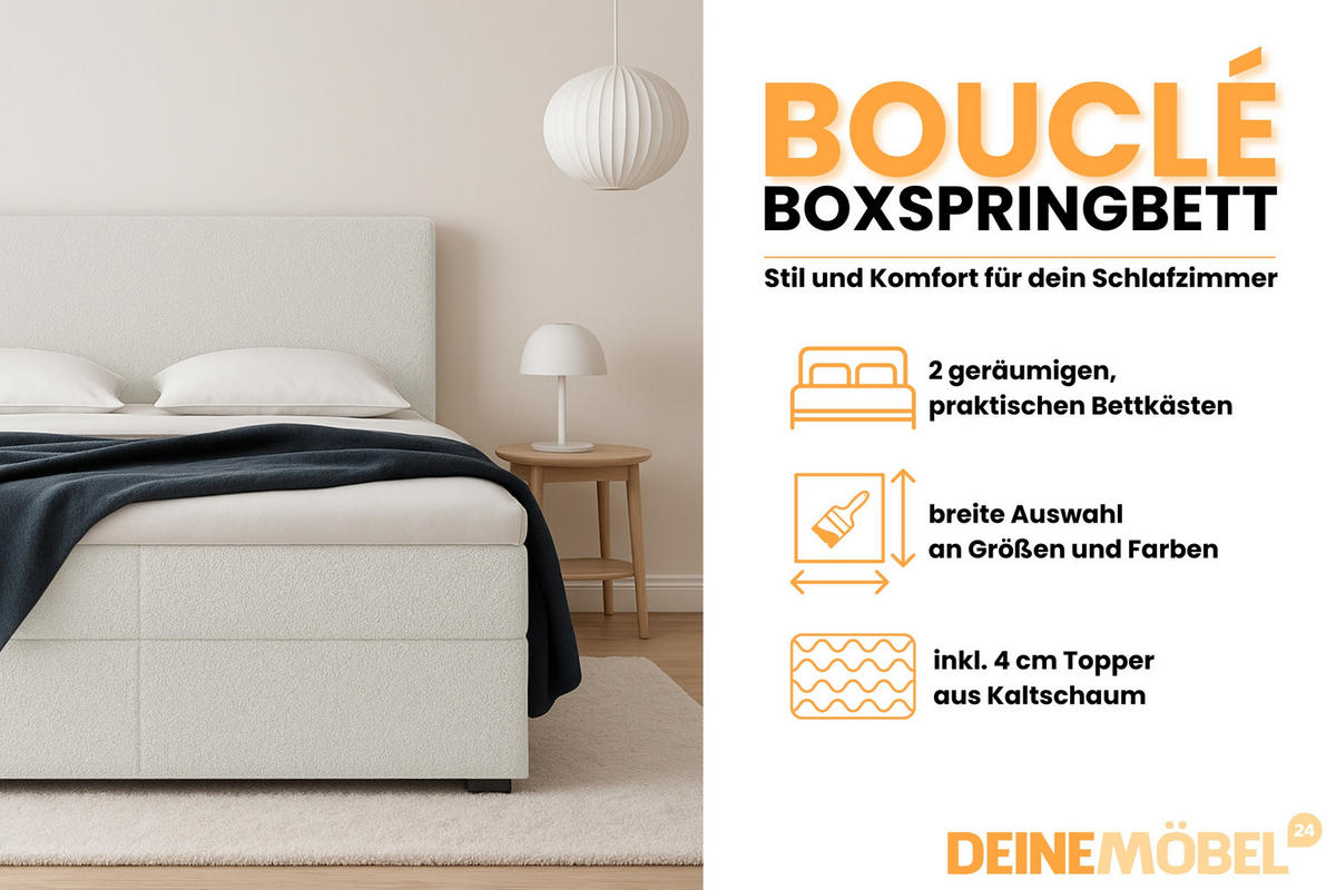 BOXBETT BOUCLE 200/200 in Boucle Creme H3 - Creme, Holz/Holzwerkstoff (200/200cm) - Deine Möbel 24