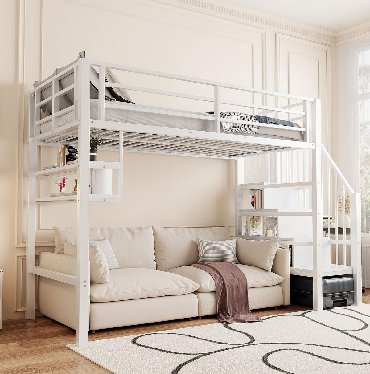 HOCHBETT 90/200 cm Weiß aus Metall und MDF mit Stauraumleiter - Weiß, Metall (90/200cm) - OKMYHOME