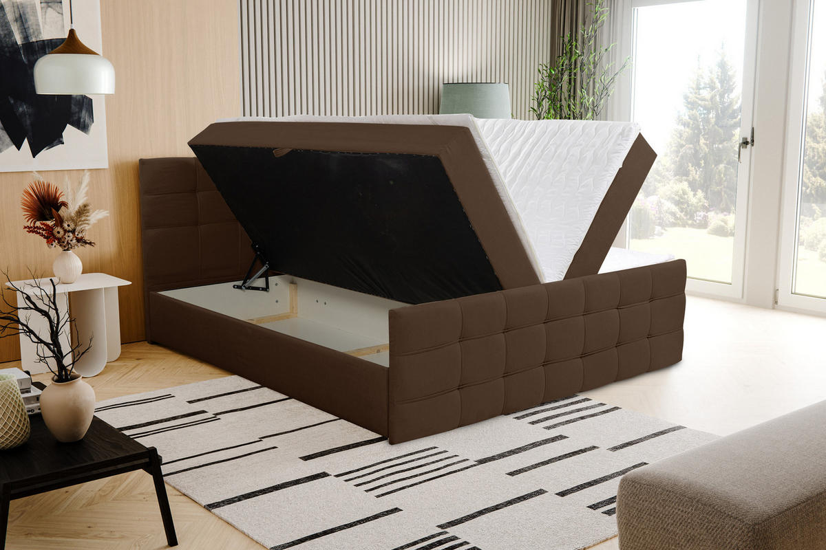 BOXBETT NATALIE mit 2 Bettkästen, 160x200, Farbe: Braun, Velourstoff, mit Bonell-Matratze inkl. Topper - Braun, Holz/Kunststoff (160/200cm) - VENASI MÖBEL