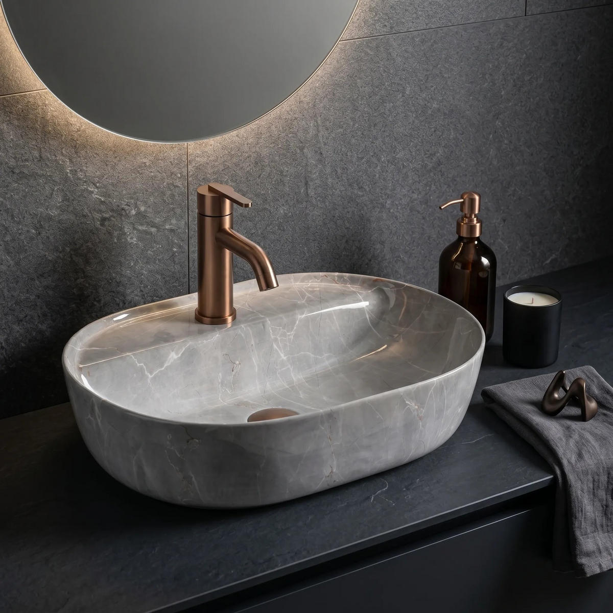 AUFSATZWASCHBECKEN Rea Aura 51 Kashmir - Grau, Keramik (38.5/13.5/50.5cm) - REA