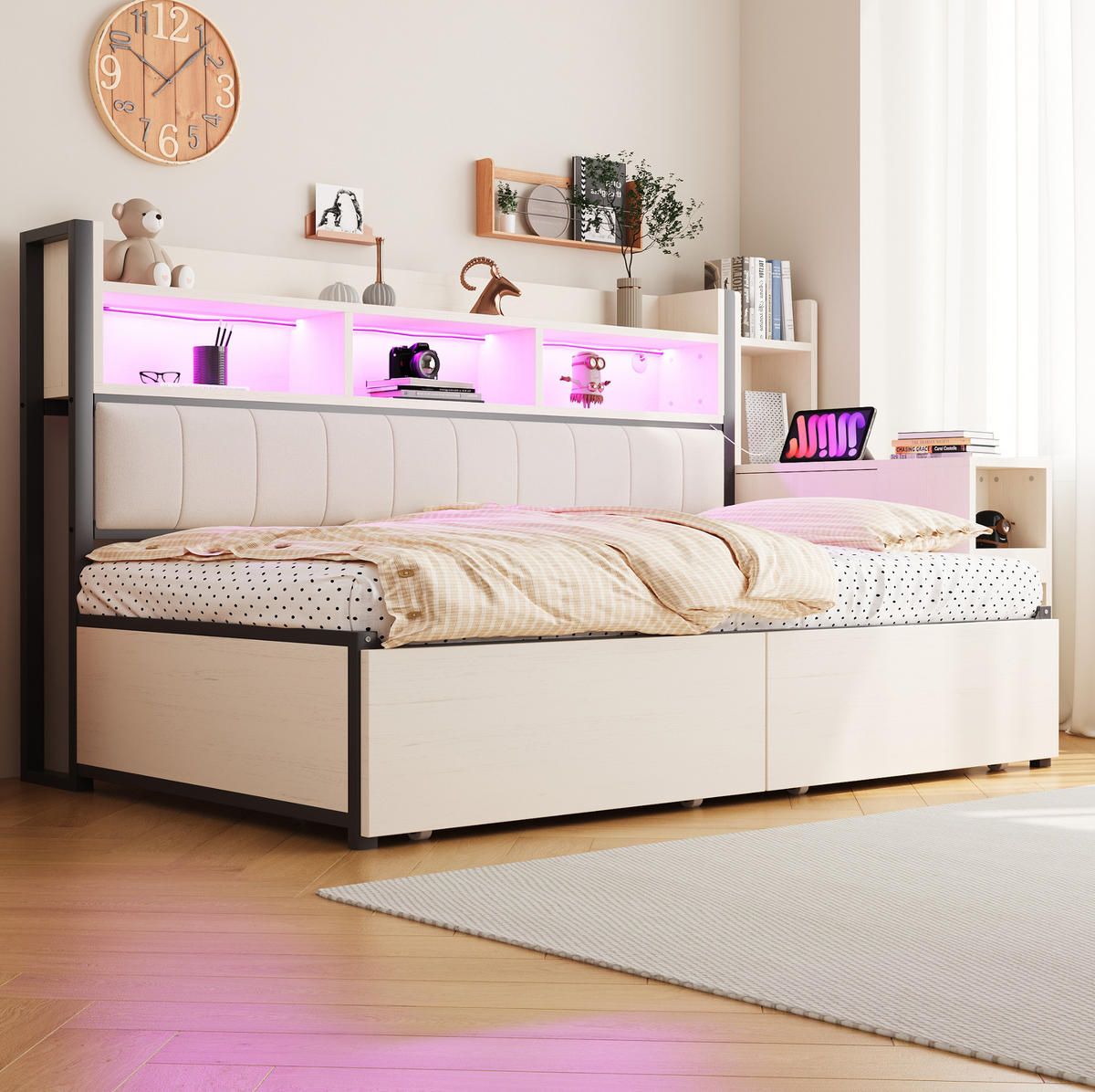 MULTIFUNKTIONSBETT aus Metall und Holz 90x200 cm Weiß mit Schubladen, Schreibtisch und Steckdosen - Weiß, Metall (90/200cm) - IVMEU