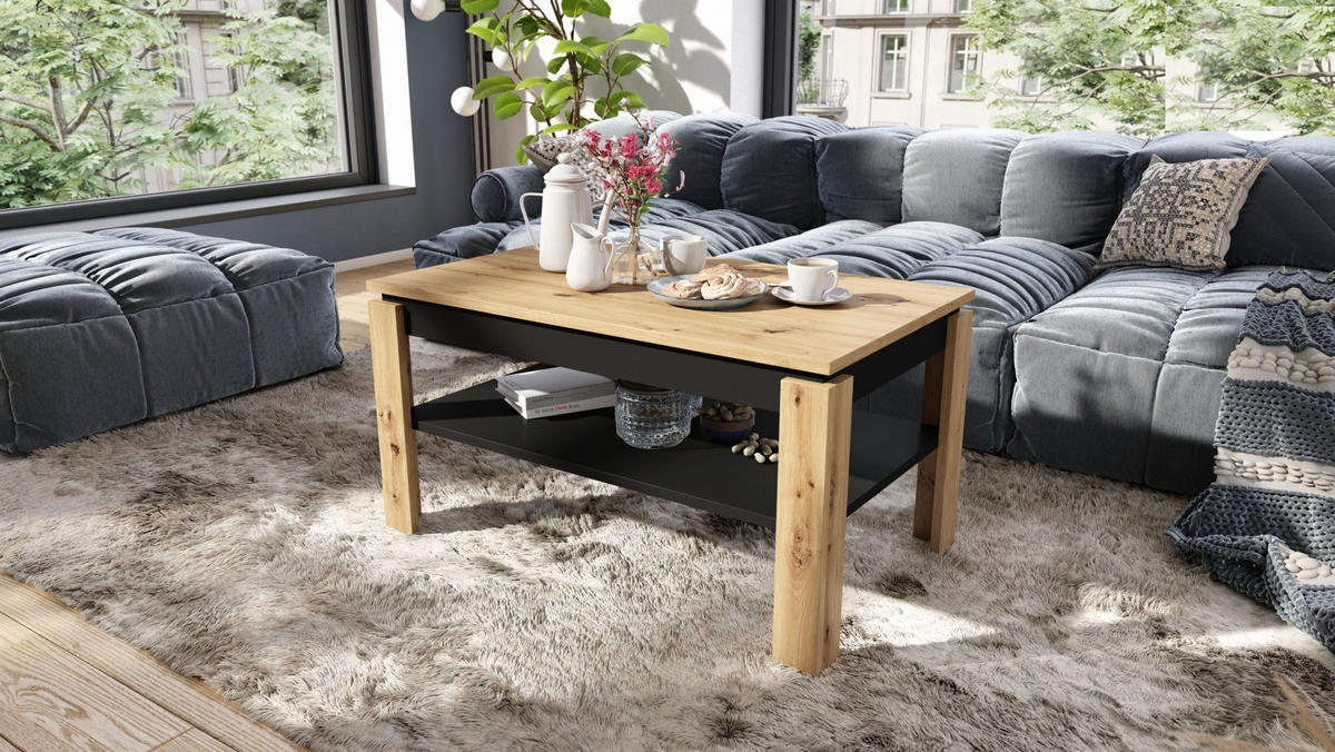 COUCHTISCH rechteckig Eiche Artisan Schwarz höhenverstellbar 100/60/55 cm - Schwarz/Eiche Artisan, Holzwerkstoff (60/100/55cm) - designimpex