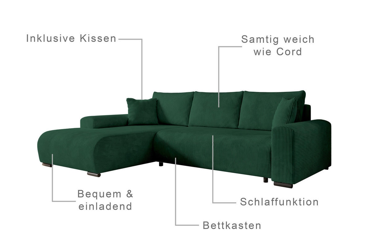 ECKSOFA Nelly mit Bettkasten und Schlaffunktion, Cordstoff in L-Form - Grün, Textil (270/185cm)