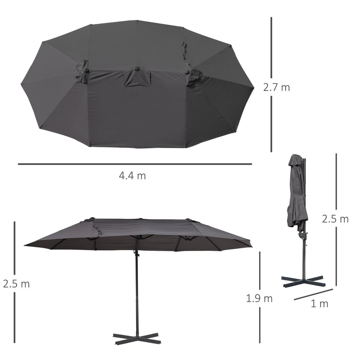 DOPPELSONNENSCHIRM aus Metall 440x270x250 cm in Dunkelgrau mit Handkurbel - Dunkelgrau, Metall (270/440cm) - Modfu