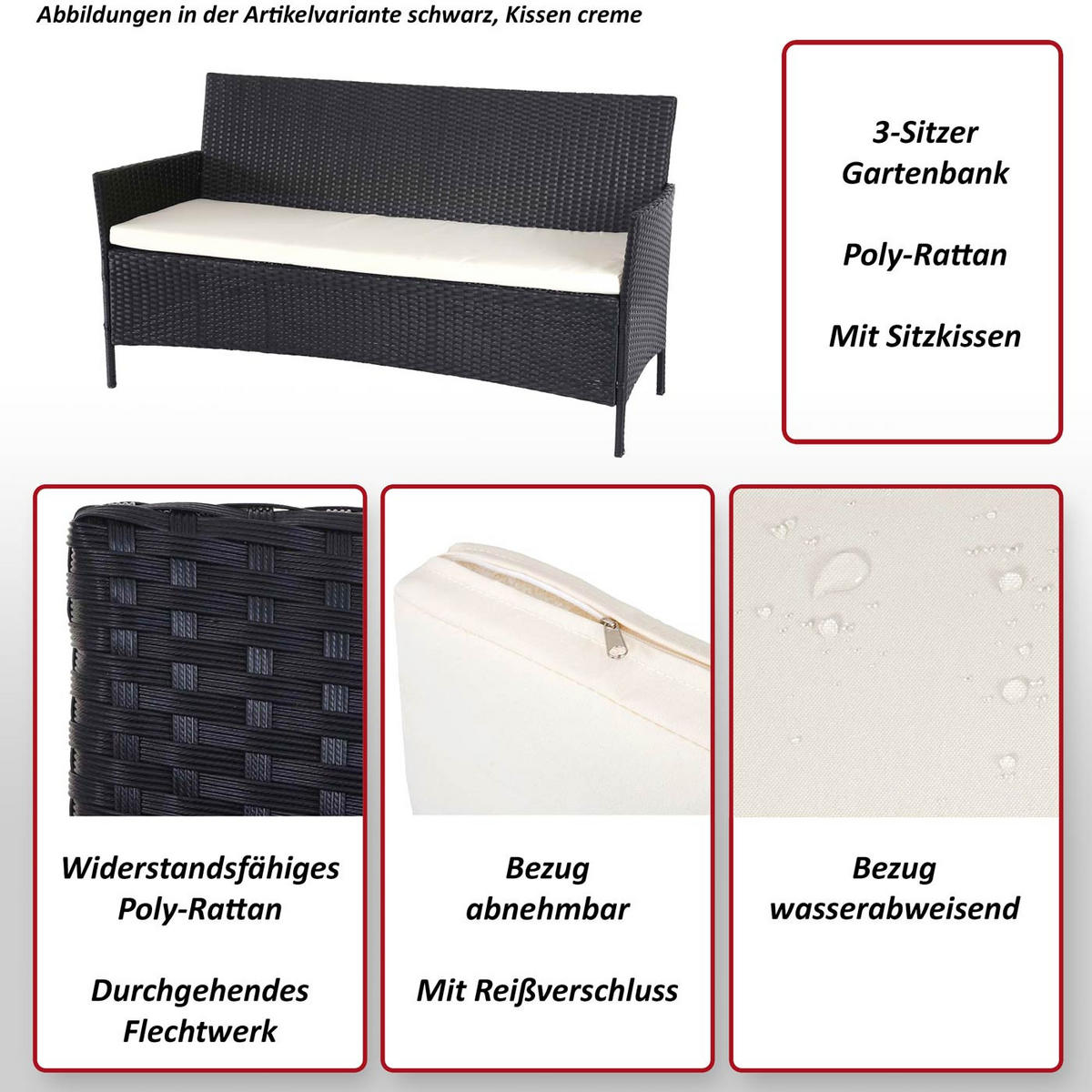 3-SITZER POLY-RATTAN GARTENBANK Anthrazit, Grau - Anthrazit/Grau, Kunststoff (154/82/60cm) - MCW