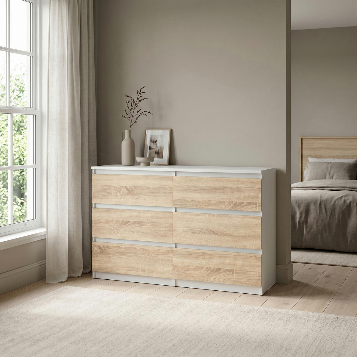 KOMMODE NUDO 120/78,5/39cm mit 6 Schubladen Türen Weiß - Weiß/Sonoma Eiche, Holzwerkstoff (120/78.5/39cm) - MASSENO