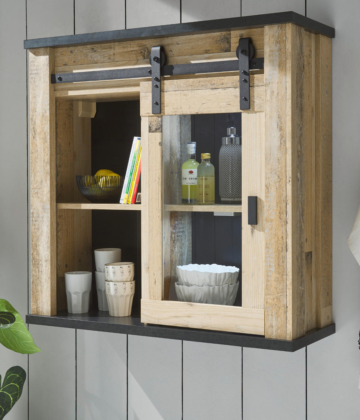 HÄNGESCHRANK Used Wood hell, anthrazit 93 cm Vintage, Küchenschrank mit Schiebetür - Anthrazit/Schwarz, Glas/Holzwerkstoff (93/90/31cm) - Furn.Design