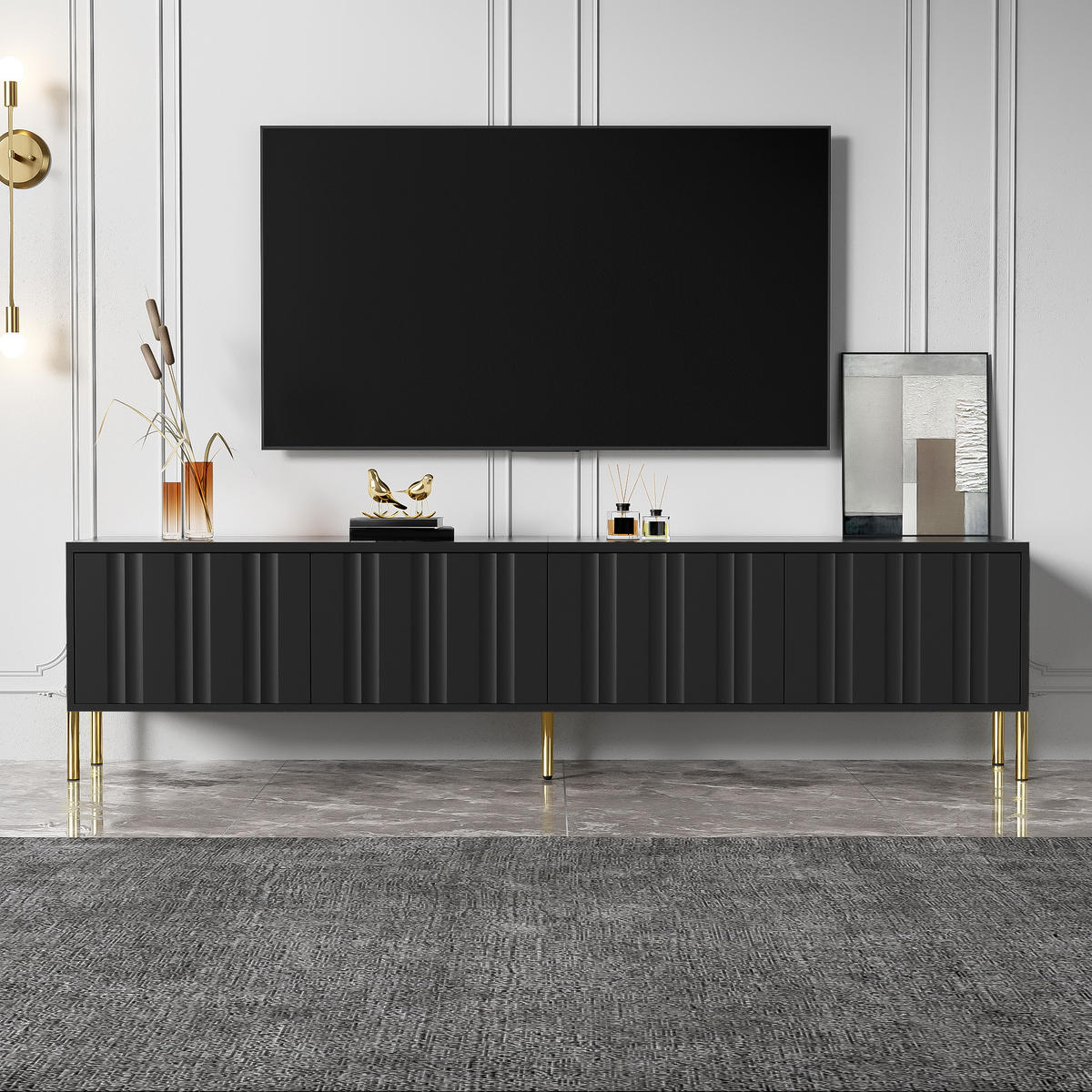 LOWBOARD in Schwarz mit goldenen Tischbeinen für Wohnzimmer, B190/T38/H48 cm - Goldfarben/Schwarz, Holzwerkstoff/Metall (190/48/38cm) - STILVORA