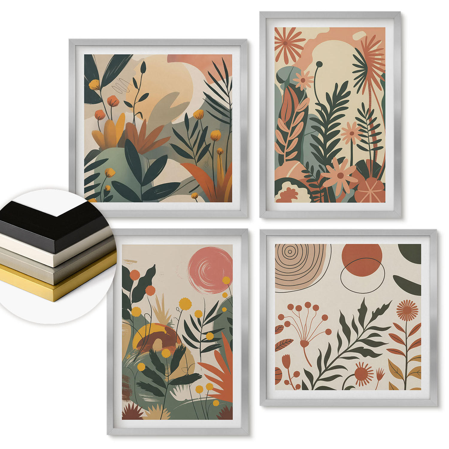WANDBILDER 4er Set - 50x50 cm & 40x60 cm Silberner Rahmen - Pastellfarbene Pflanzenmuster - Silberfarben, Kunststoff (50/50cm) - ArtPrintCave