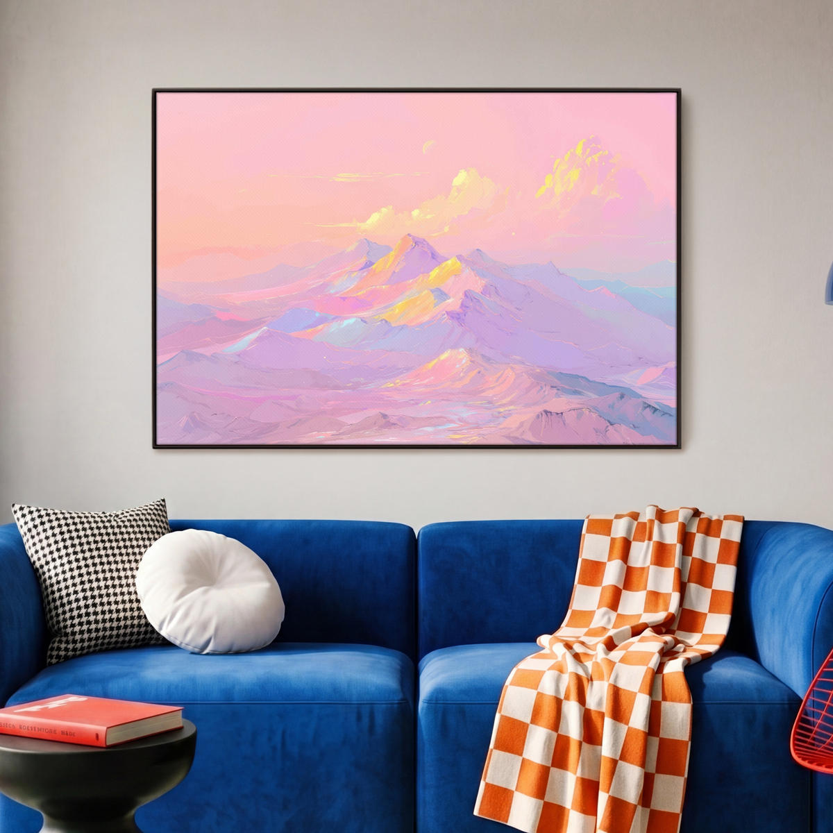 LEINWAND Bilder mit Rahmen - Berggipfel - Wolken - Verträumt - 90x60 - Hellrosa, Textil (90/60cm) - MuchoWow