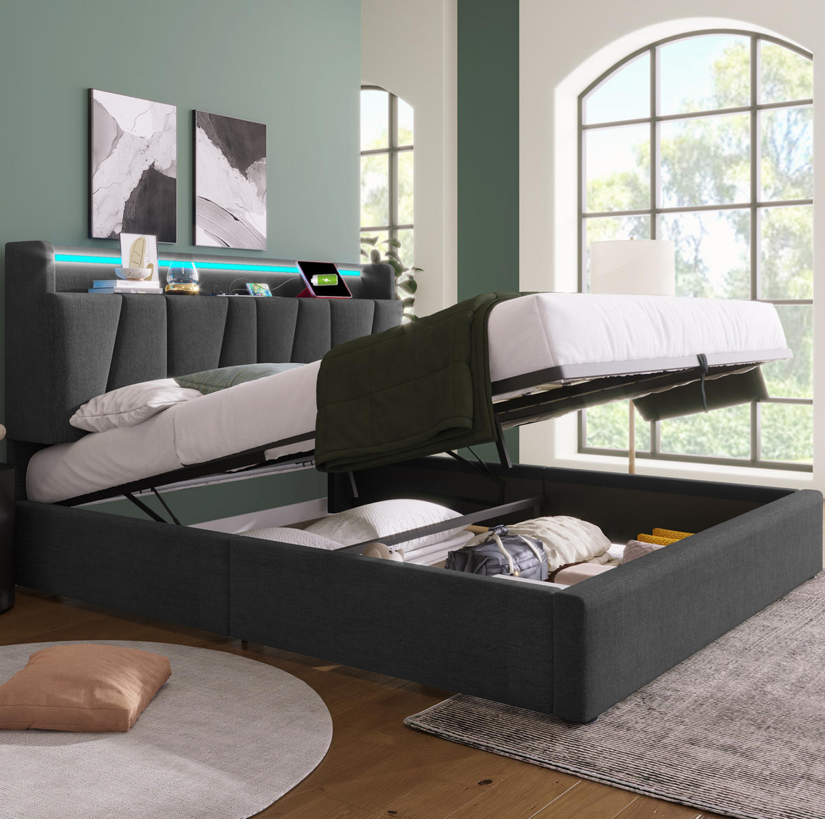 POLSTERBETT 140x200 cm in Grau mit LED-Beleuchtung, Steckdosen, USB und Stauraum - Grau, Textil (140/200cm) - IVMEU