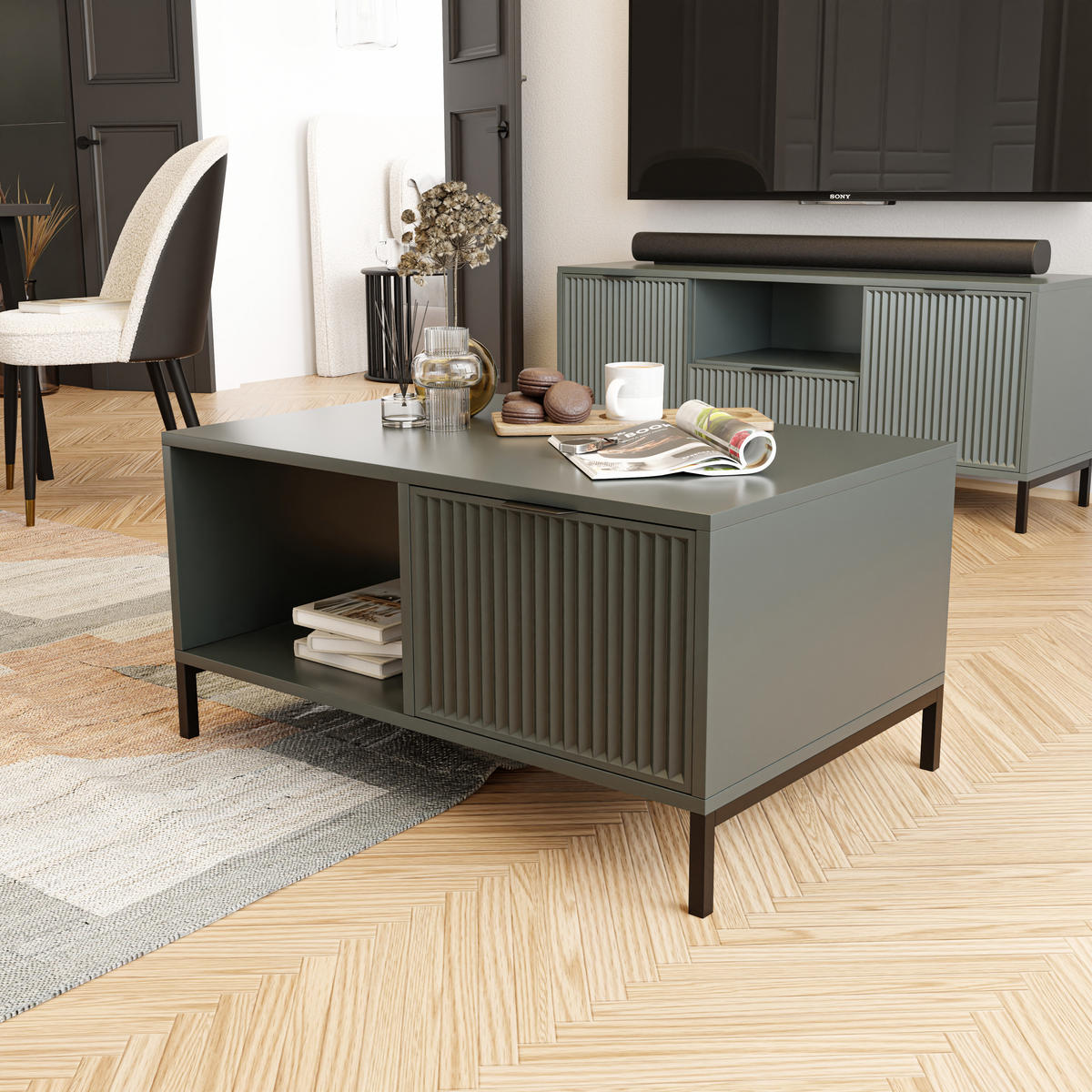 COUCHTISCH WAVE 90/58/45 cm, rechteckig, Grün - Schwarz/Grün, Holzwerkstoff/Metall (58/90/45.5cm) - Idohome