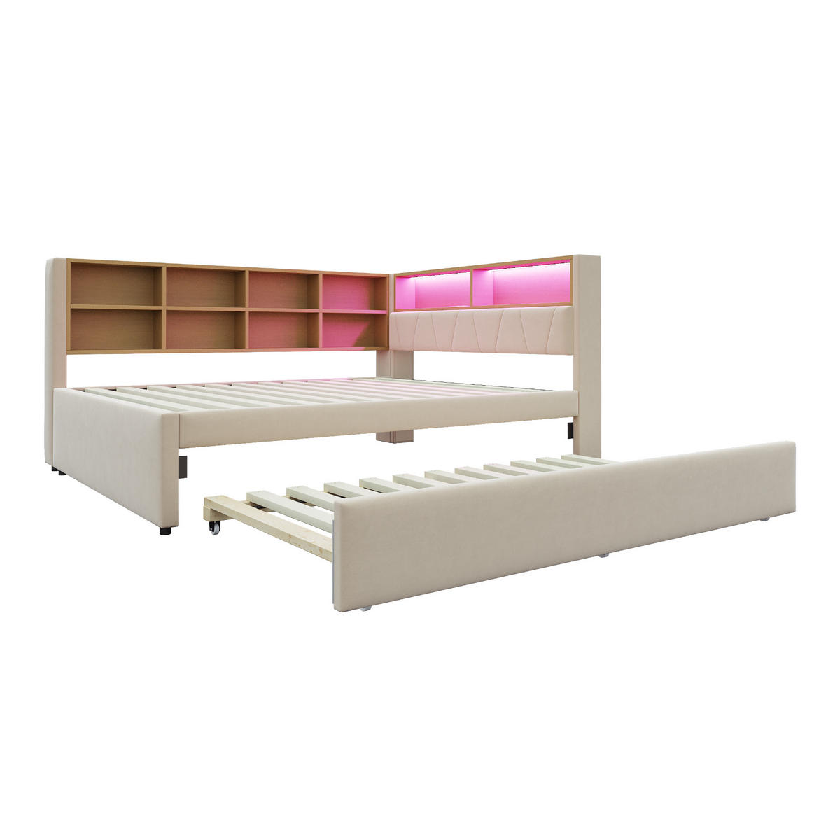 BETT mit Ausziehbett 140/200 cm & 90/190 cm mit LED-Beleuchtung und USB-Anschlüssen Flanell Beige - Beige, Textil (140/200cm) - OKWISH