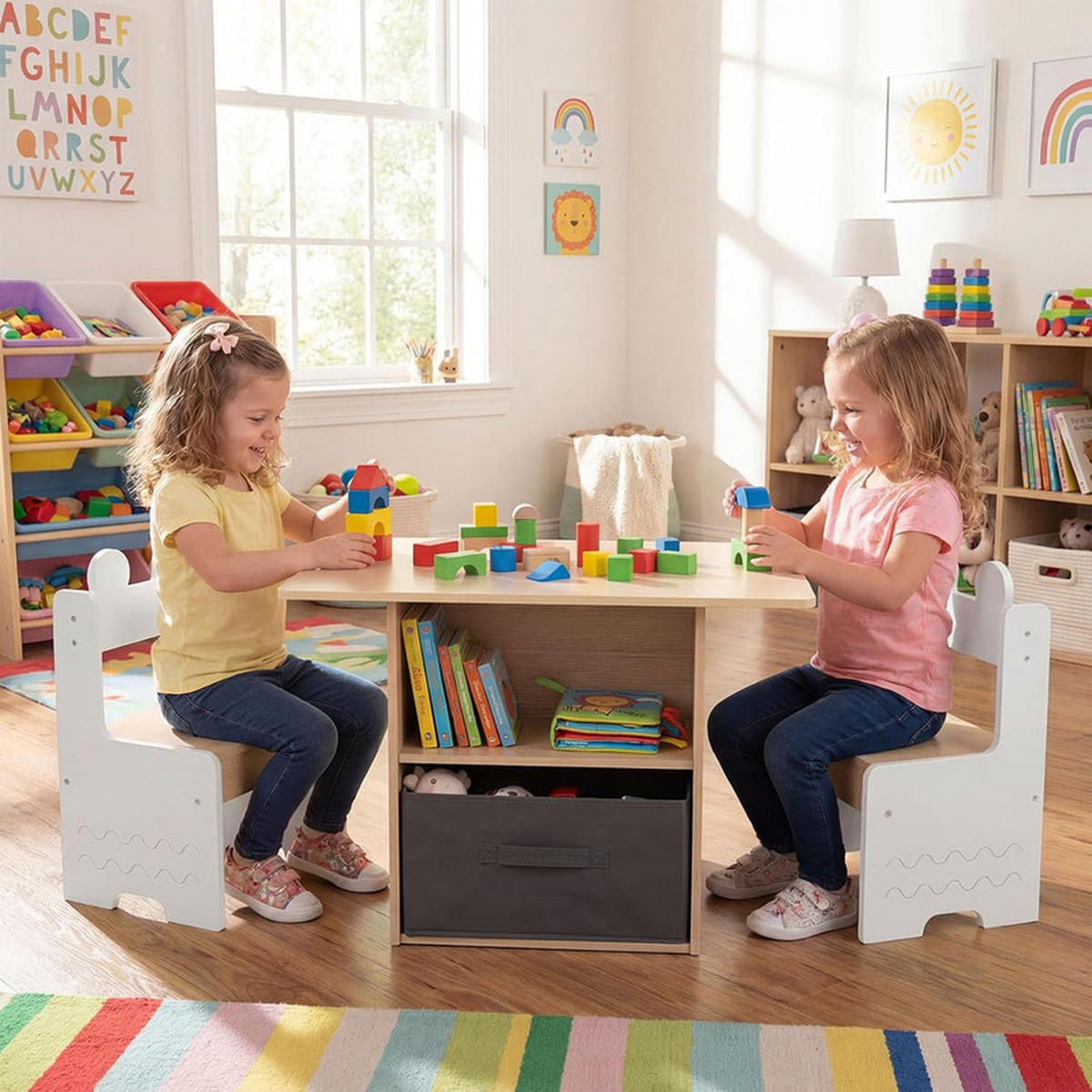 KINDERTISCH mit Stuhl weiß(3-tlg) - Weiß, Holzwerkstoff (70/49.5/48cm) - COSTWAY
