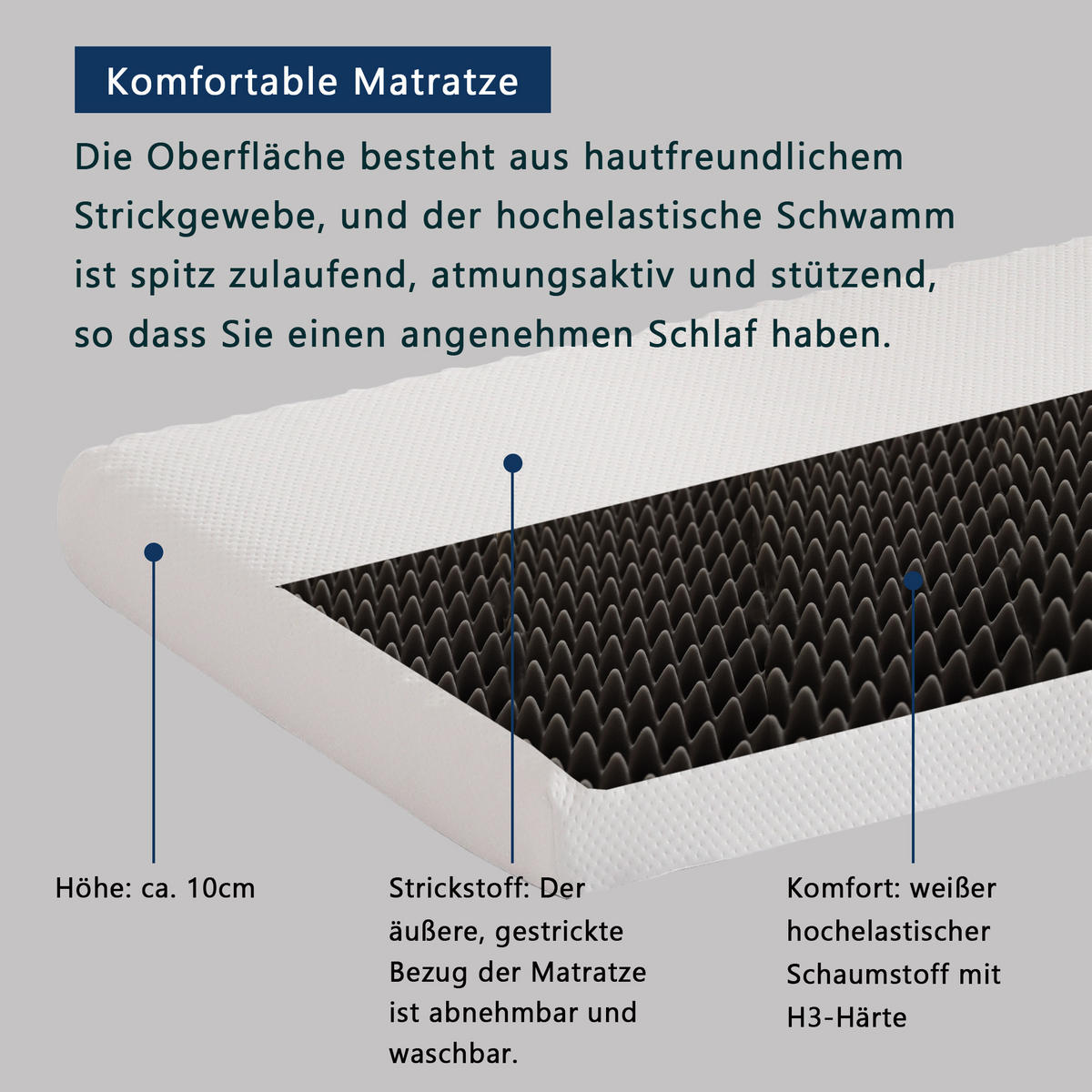 KOMFORTSCHAUMMATRATZE 90/200 cm Grau Härte H3 mit Bezug und 23D Schwamm - Grau, Textil (90/200cm) - Oxeza