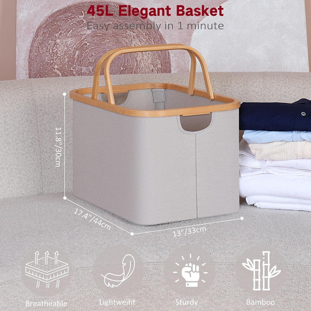 WÄSCHEKORB Bambus Stoff Hellgrau 43L - Grau, Naturmaterialien (33/30/44cm)