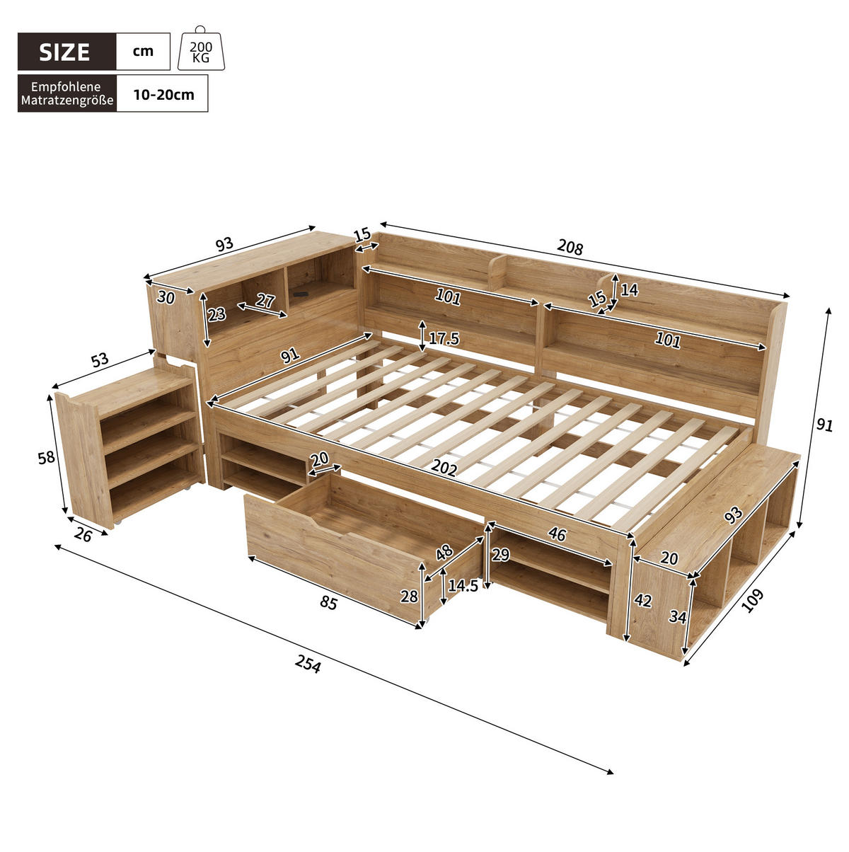KINDERBETT 90/200 cm mit Stauraum, Regalen und Schublade aus Sperrholz, Natur - Naturfarben, Holzwerkstoff (90/200cm) - Redom