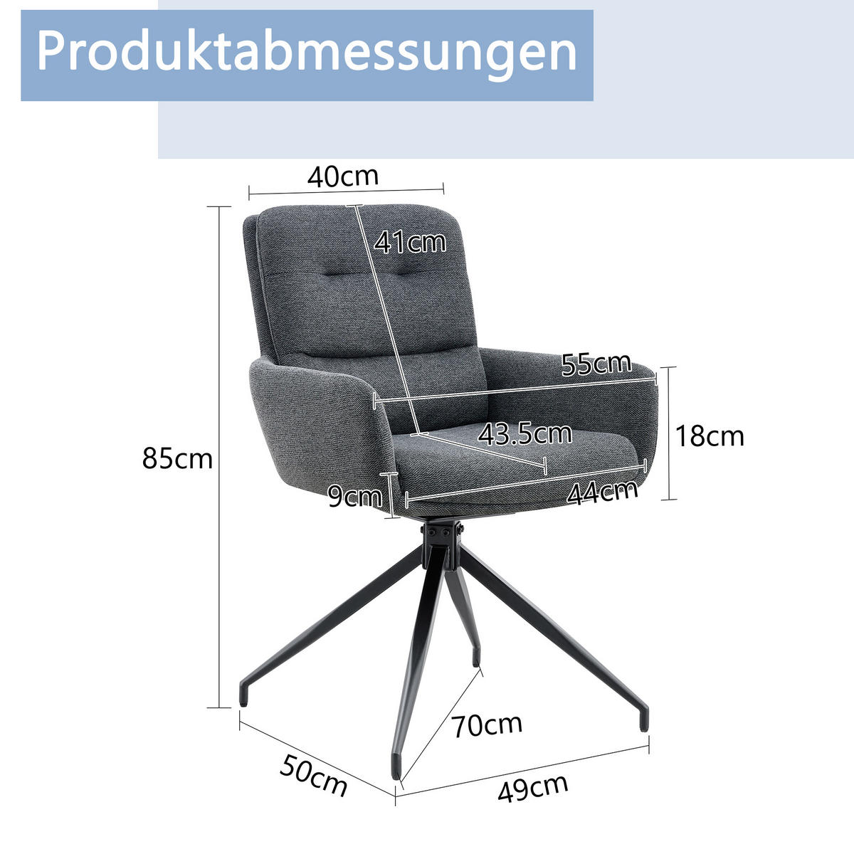 ESSZIMMERSTUHL 2er set stoff leinenoptik gepolstert drehbar metallgestell - Dunkelgrau, Textil (55/85/50cm) - Urban Meuble