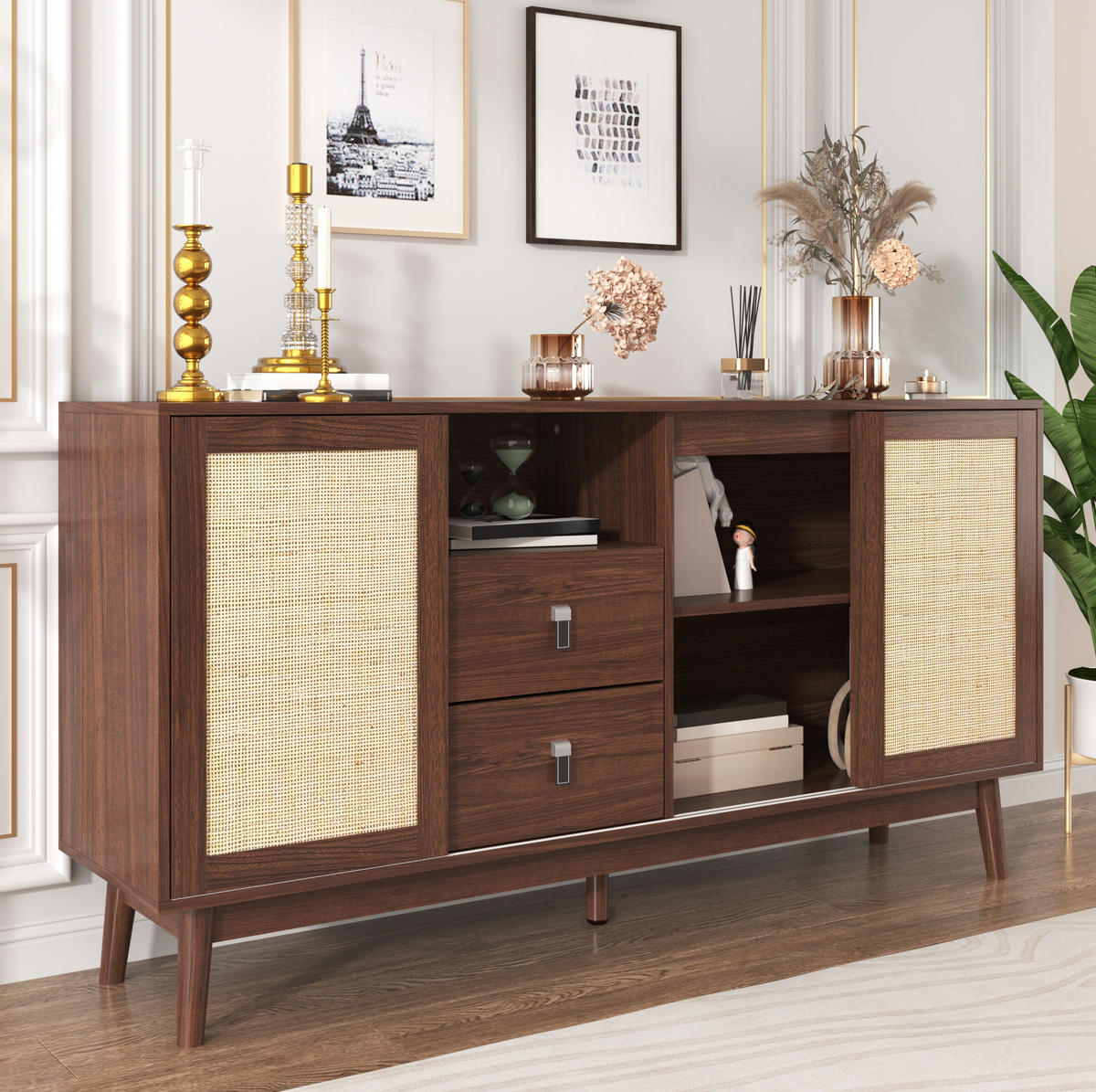 SIDEBOARD 155/38/80 cm Dunkles Holz aus MDF und Spanplatte mit Schiebetüren - Nussbaumfarben, Holzwerkstoff (38/80/155cm) - OKMYHOME