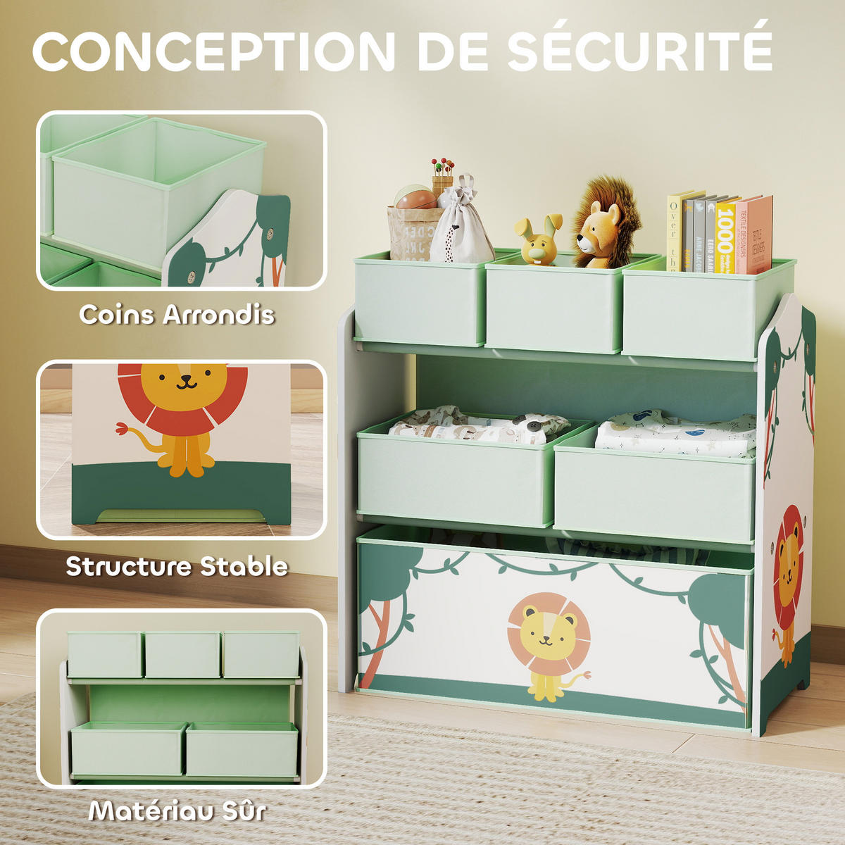 KINDERREGAL DE-17258 3 Ebenen & 6 herausnehmbare Stoffboxen Grün - Grün, Holzwerkstoff (63/66/30cm) - ComfortXL