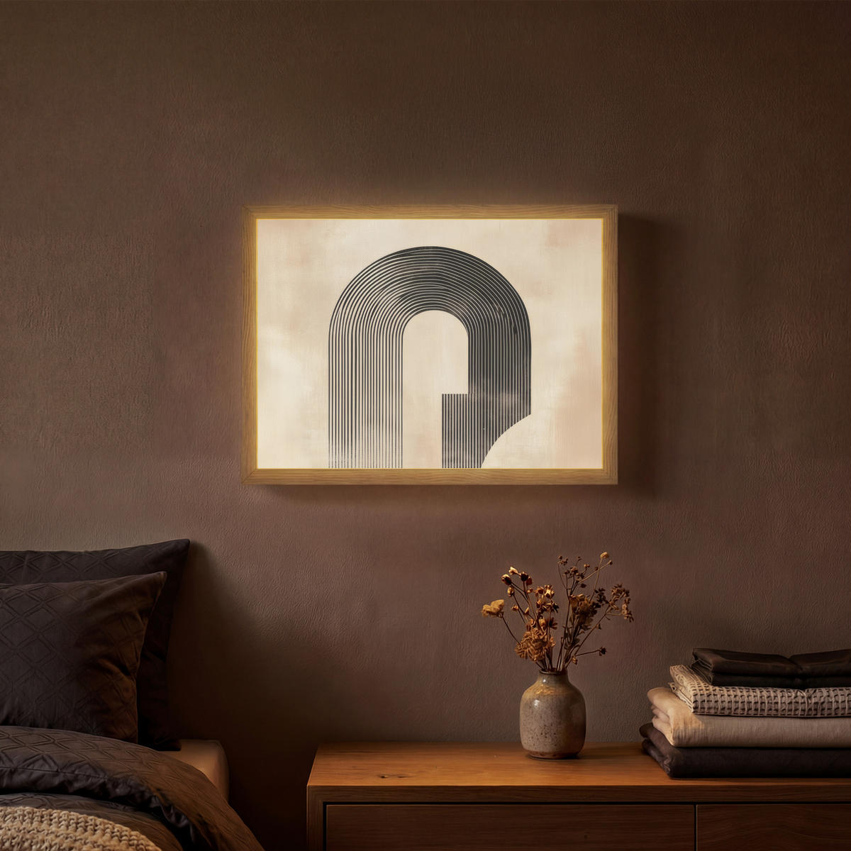 NÁSTĚNNÁ LAMPA S AKUMULÁTOREM Luk - Pruhy - Minimalistický - Černý 40x30 cm - béžová, kompozitní dřevo (40/30/8cm) - OnlyWow