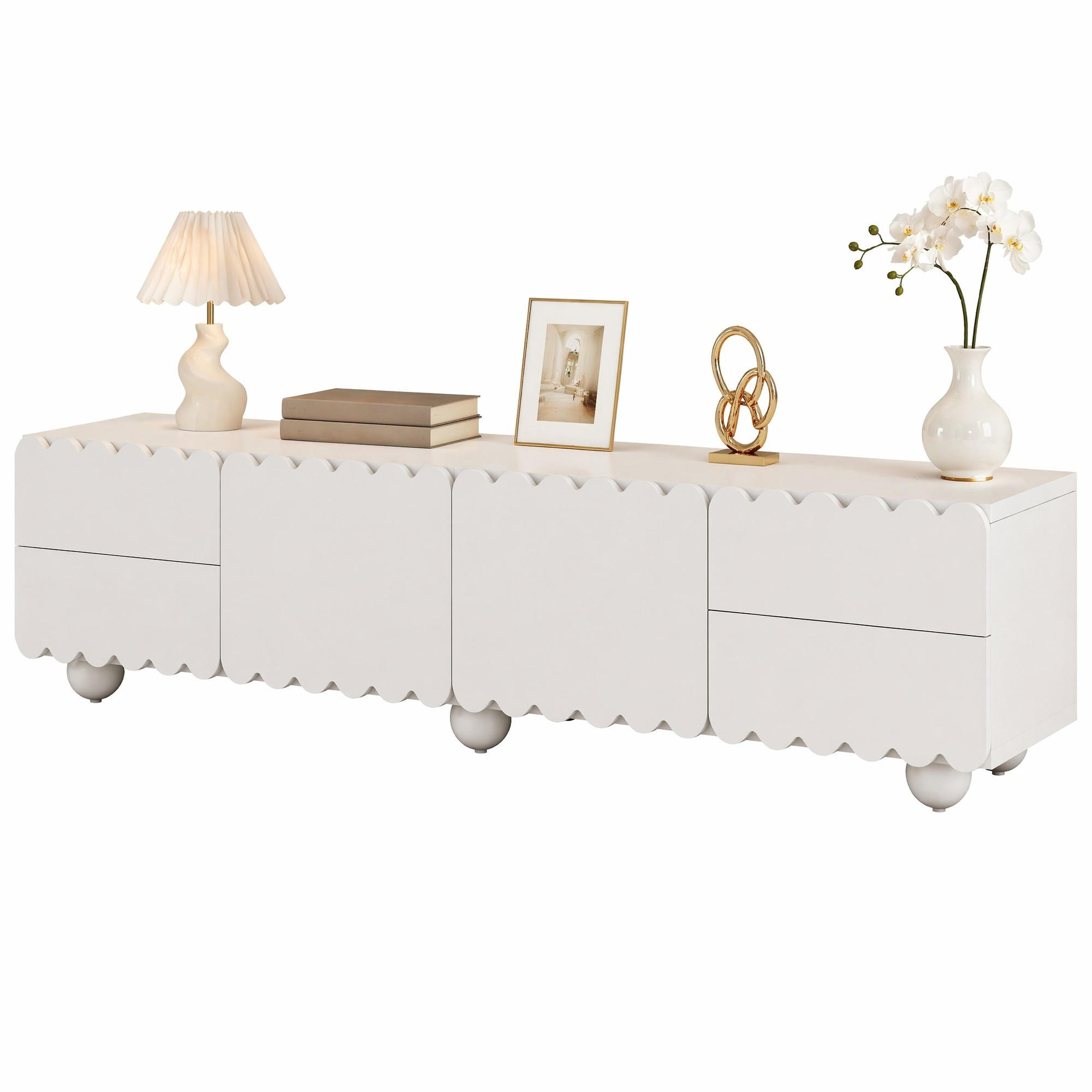 LOWBOARD in Weiß TV-Schrank mit abgerundeten Kanten für Wohnzimmer und Arbeitszimmer, B175/T38/H37 cm - Weiß, Holzwerkstoff/Metall (175/37/38cm) - STILVORA