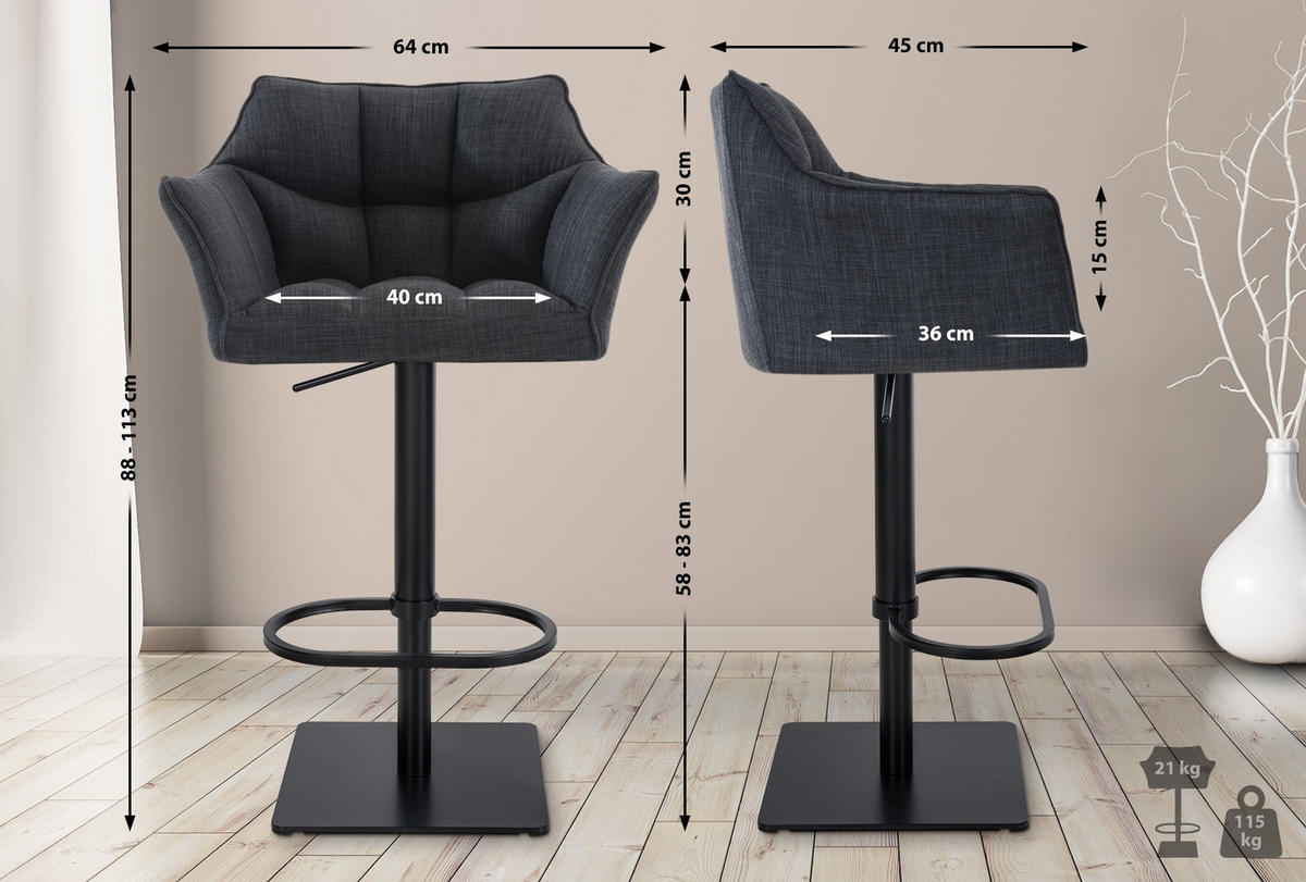 BARHOCKER 2er Set Stoff Dunkelgrau - Dunkelgrau/Schwarz, Textil/Metall (64/88/45cm) - CLP