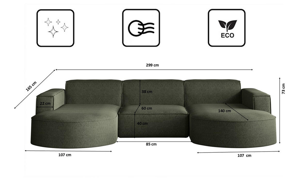 ECKSOFA U-Form MODENA STUDIO Stoff Verita Dunkelgrun - Dunkelgrün, Holz (165/299cm) - Kaiser Möbel