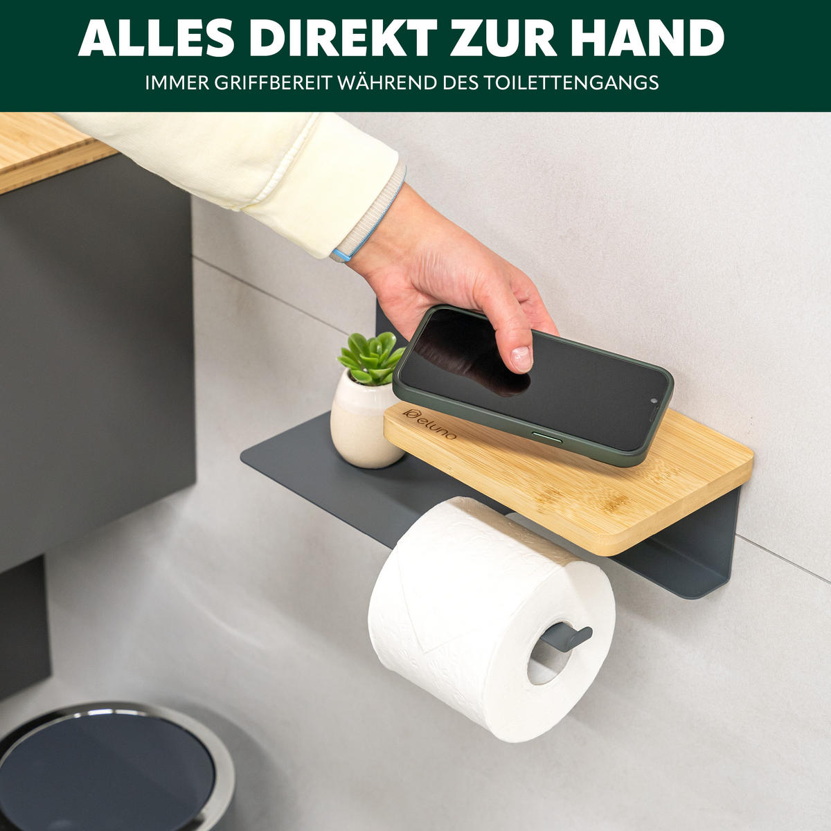 TOILETTENPAPIERHALTER VARAZ mit 2 Ablagen, Metall und Bambus - Grau, Metall (31.5/9.5/13cm) - eluno