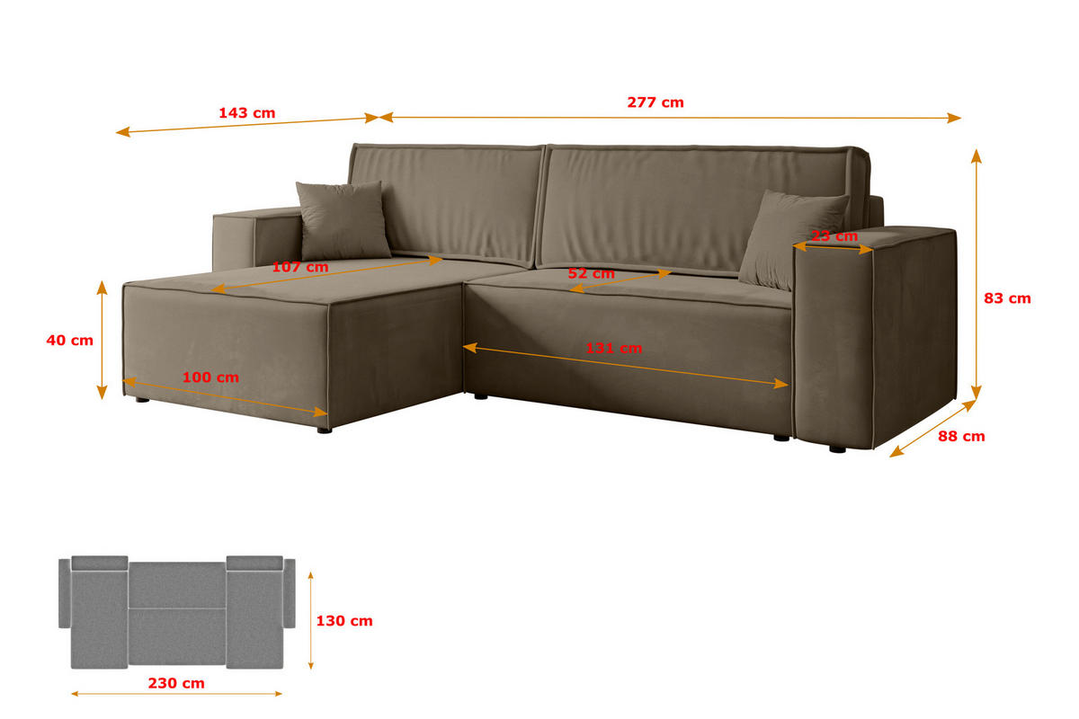 ECKSOFA mit Schlaffunktion und Bettkasten CELTIC-XL - 277x143x83 cm Braun Velours - Schwarz/Braun, Holzwerkstoff/Kunststoff (277/143cm) - ALTDECOR