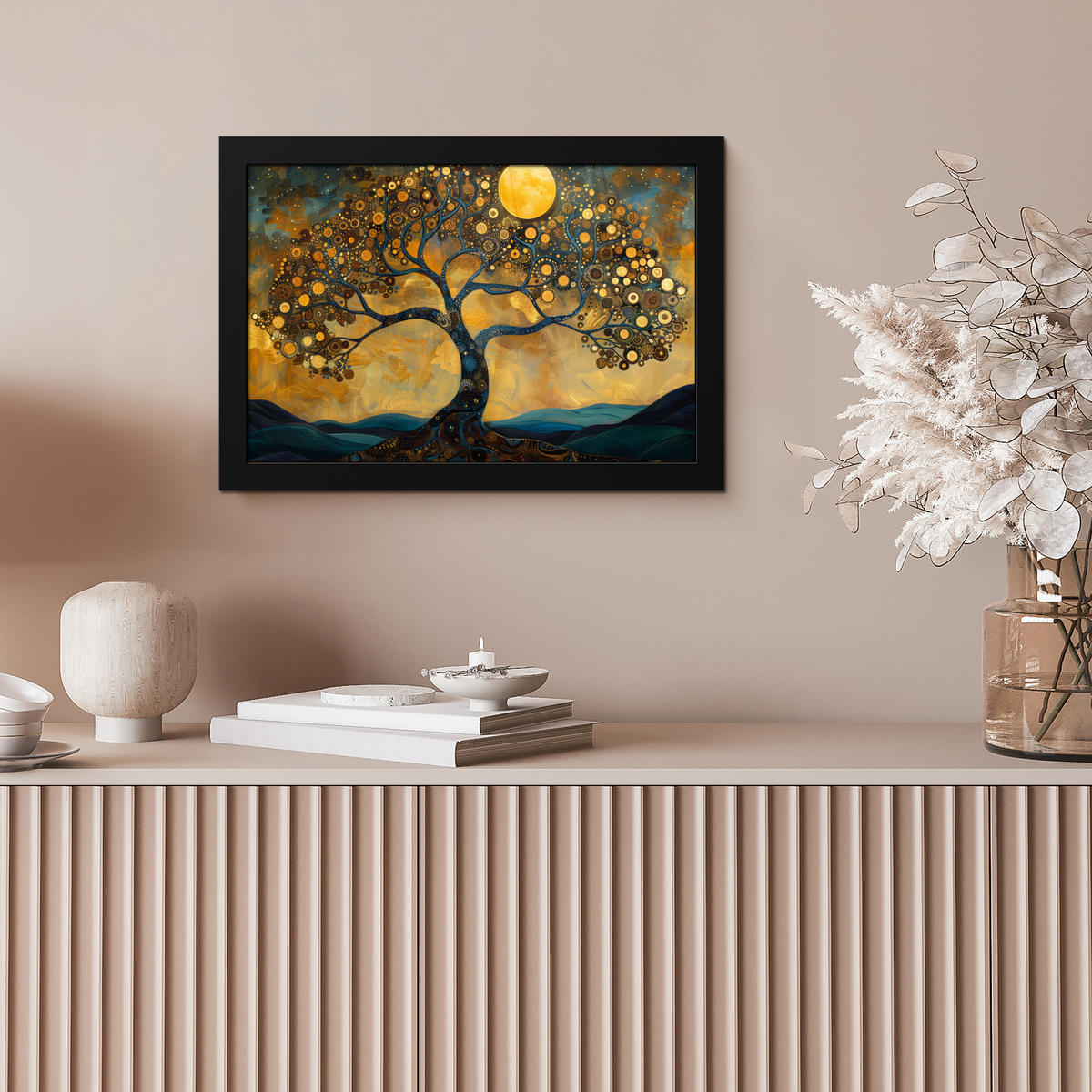 POSTER MIT RAHMENGERAHMTES BILD Baum - Mond - Blumen - Gold - Kunst 30x20 cm - Orange, Papier (30/20cm) - MuchoWow