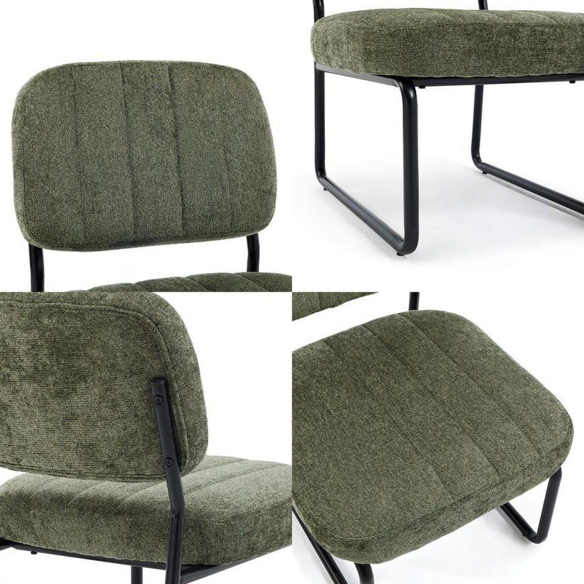 SESSEL khaki gepolstert schwarze Metallbeine und Chenille-Stoff - PAOLA - Schwarz/Grün, Textil/Metall (56/77/70cm) - Sicaan