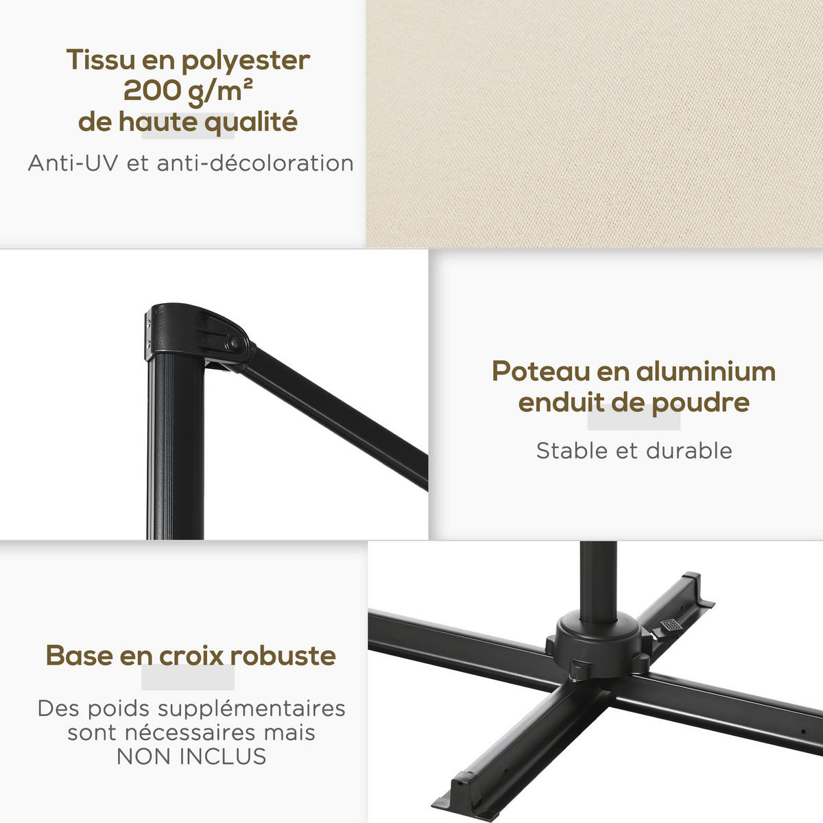 AMPELSCHIRM DE-11437 neigbar, 360° drehbar, 2,5 x 2,5 m Creme - Creme, Metall (245/245cm) - ComfortXL