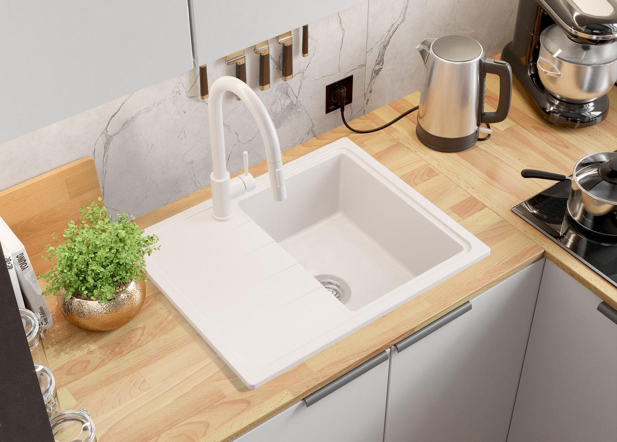 GRANITSPÜLE Mailand, 2-er set Weiß 62/50 cm 1 Becken + Küchenarmatur 40/20 cm + Ablauf-Set ab 40er Unterschrank - Chromfarben/Weiß, Kunststoff (62/19/50cm) - Primagran