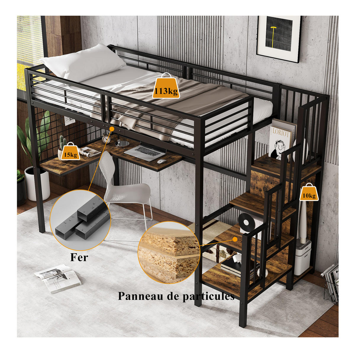 HOCHBETT 90/200 cm, Schwarz mit Kleiderschrank und seitlichen Holztreppen - Schwarz, Metall (90/200cm) - MIVRAY