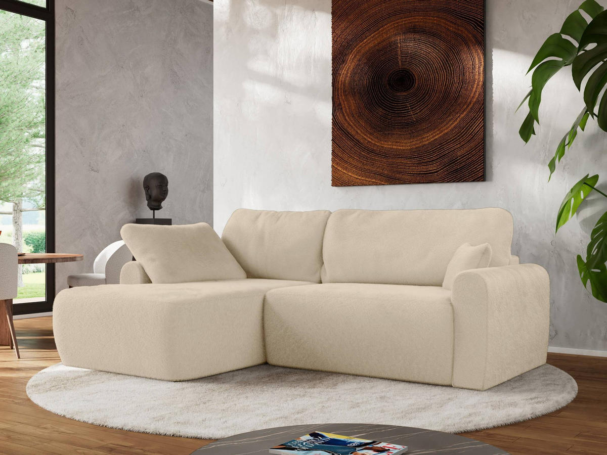 ECKSCHLAFSOFA CUBO L Creme Plüsch - links - Creme/Schwarz, Kunststoff/Textil (273/187cm) - MKS