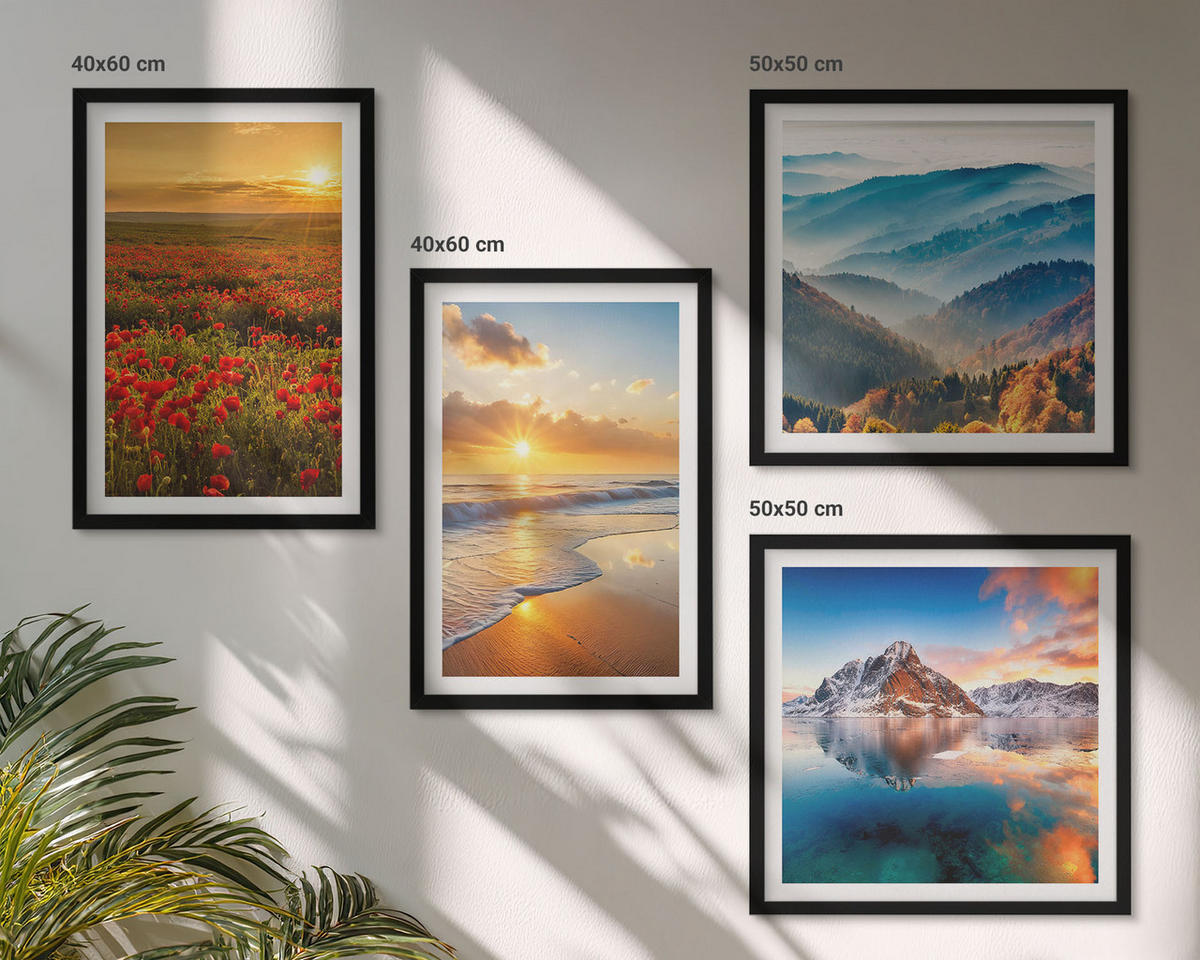 BILDER SET 4er Set - 50x50 cm & 40x60 cm Schwarzer Rahmen - Landschaften aus Bergen und Meeren im Westen - Schwarz, Kunststoff (50/50cm) - TULUP