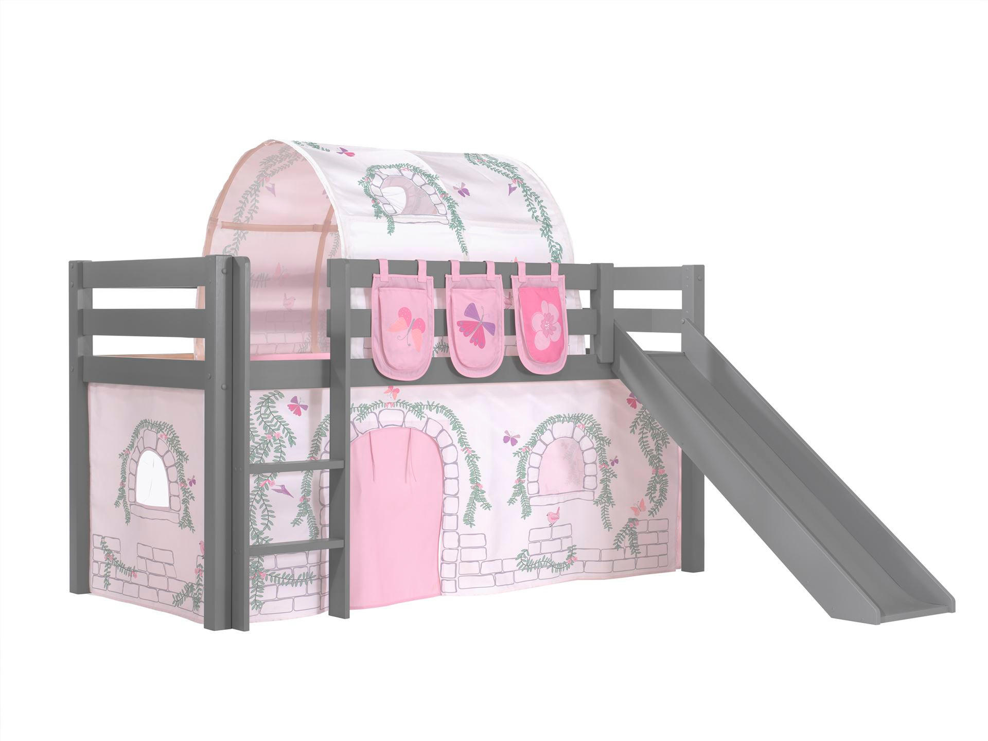 HOCHBETT mit Rutsche Karolina Massivholz Grau Textilset Burg 4 - Hellgrau/Grau, Holz (90/200cm) - 58aufmkessel