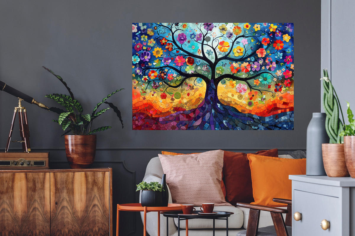 WANDTATTOO Kunst - Baum des Lebens - Blumen - Hippie 120x80 cm - Dunkelblau, Kunststoff (120/80/0.1cm) - MuchoWow