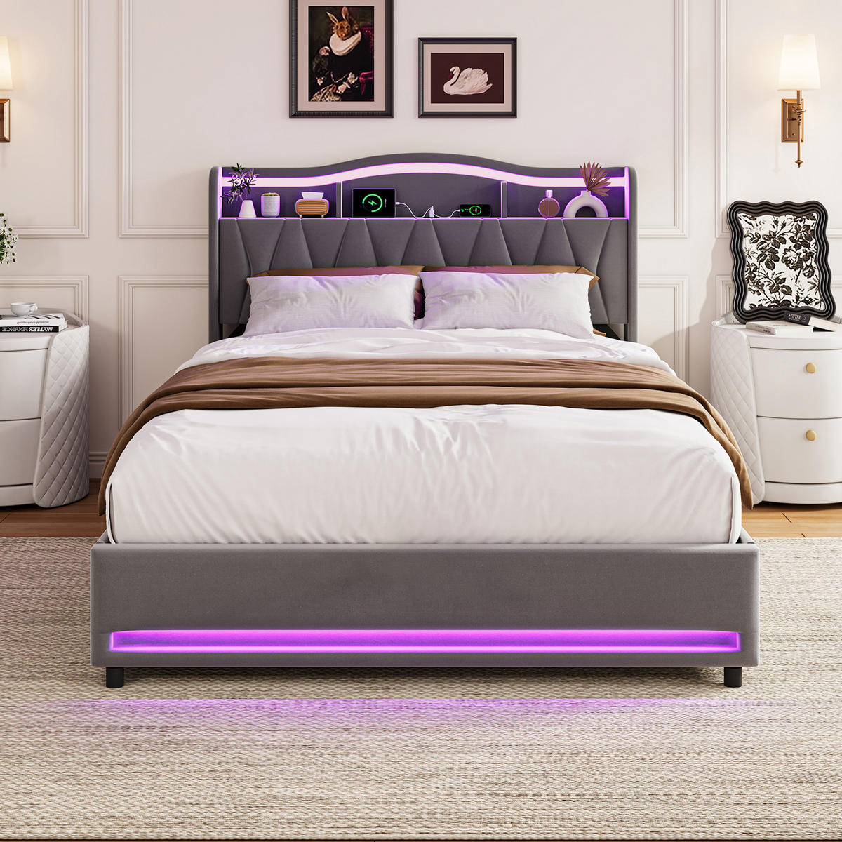 POLSTERBETT 140/200 cm mit Stauraumschubladen, aufklappbarem Kopfteil, Ablagefach mit mehrfarbigem LED & USB, LED-Leiste am Bettfuß - Grau, Holz/Metall (140/200cm) - Joyfair