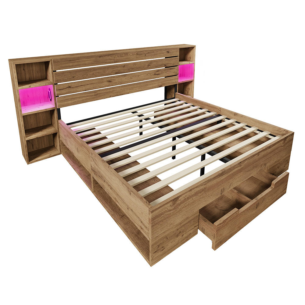 DOPPELBETT 160×200 cm mit LED-Beleuchtung und USB C in Eiche - Wildeiche, Holz (160/200cm) - KOMHTOM