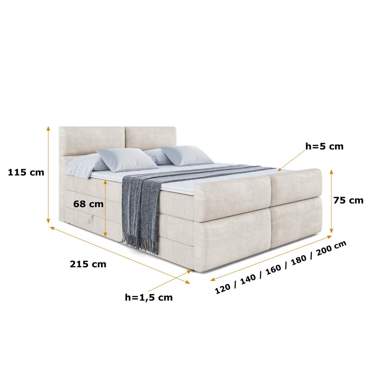 BOXSPRINGBETT BOXI3-Z KING - 160x200 - H3/H4 - Creme - Creme, Holzwerkstoff (160/200cm) - ALTDECOR