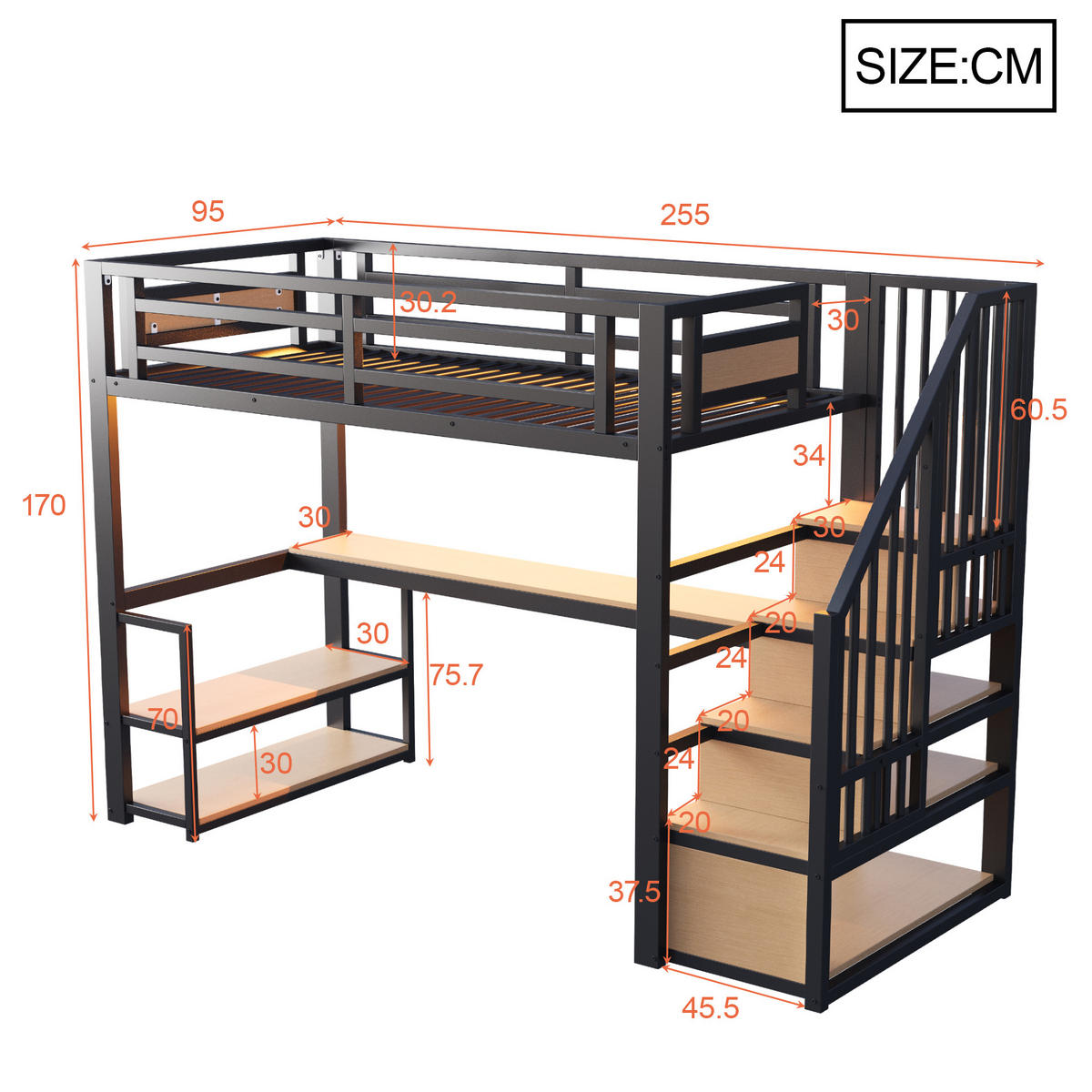 HOCHBETT 90/200 cm in Schwarz mit Aufbewahrungsleiter, Regal, Tisch, LED und Steckdose Metall-Design - Schwarz, Holzwerkstoff/Metall (90/200cm) - STILVORA