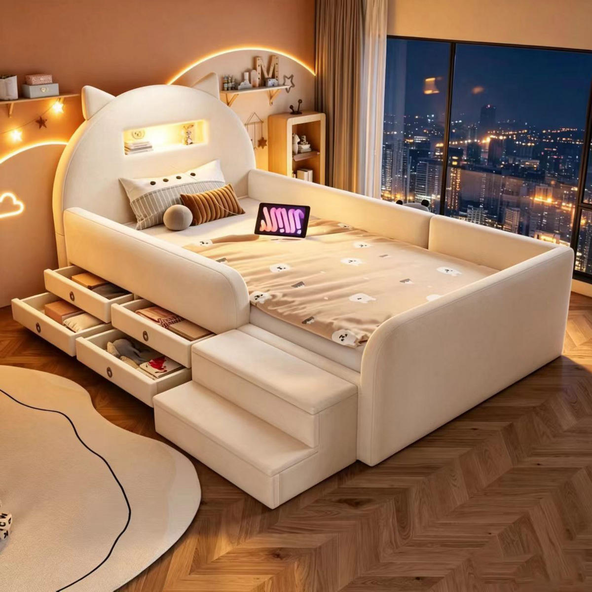 KINDERBETT 90/200 cm in Beige mit 4 Schubladen, USB und Nachtlicht Samt - Beige, Holzwerkstoff/Textil (90/200cm) - STILVORA