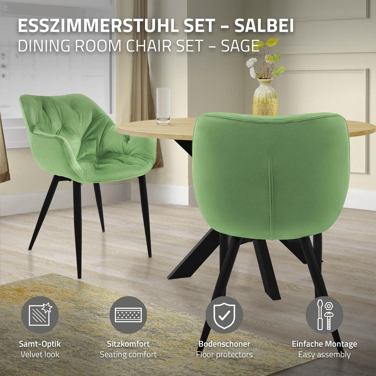 JÍDELNÍ ŽIDLE, sada 6 ks, šalvějový samet - černá/zelená barva, kov (67/83/59cm) - ML-DESIGN