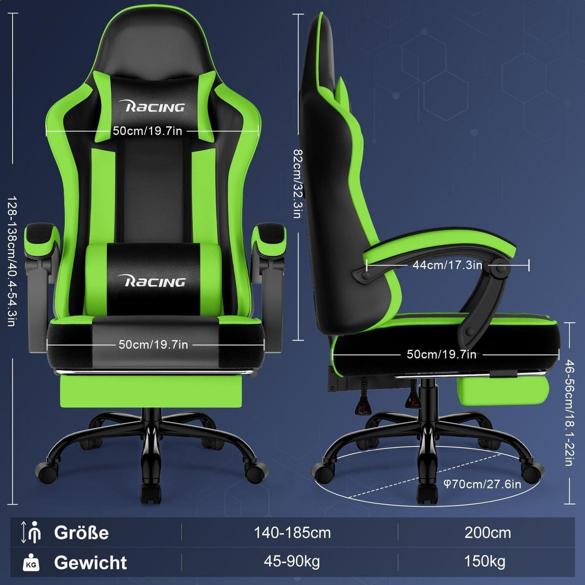 GAMING Stuhl Grün mit Fußstütze und verstellbaren Kissen - Grün, Kunststoff (71/139/71cm)