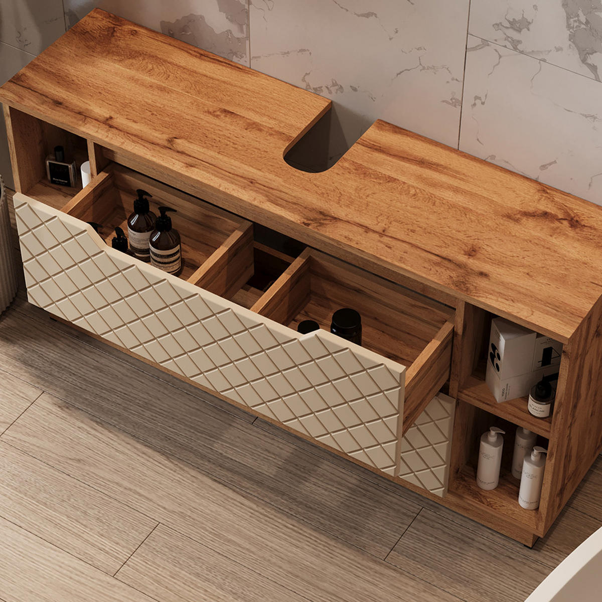 BADMÖBEL-SET Lotta Eiche/Kaschmir mit Kachelstruktur 5 Teile - Kaschmir, Holzwerkstoff (119.2/62.5/35cm) - Vicco