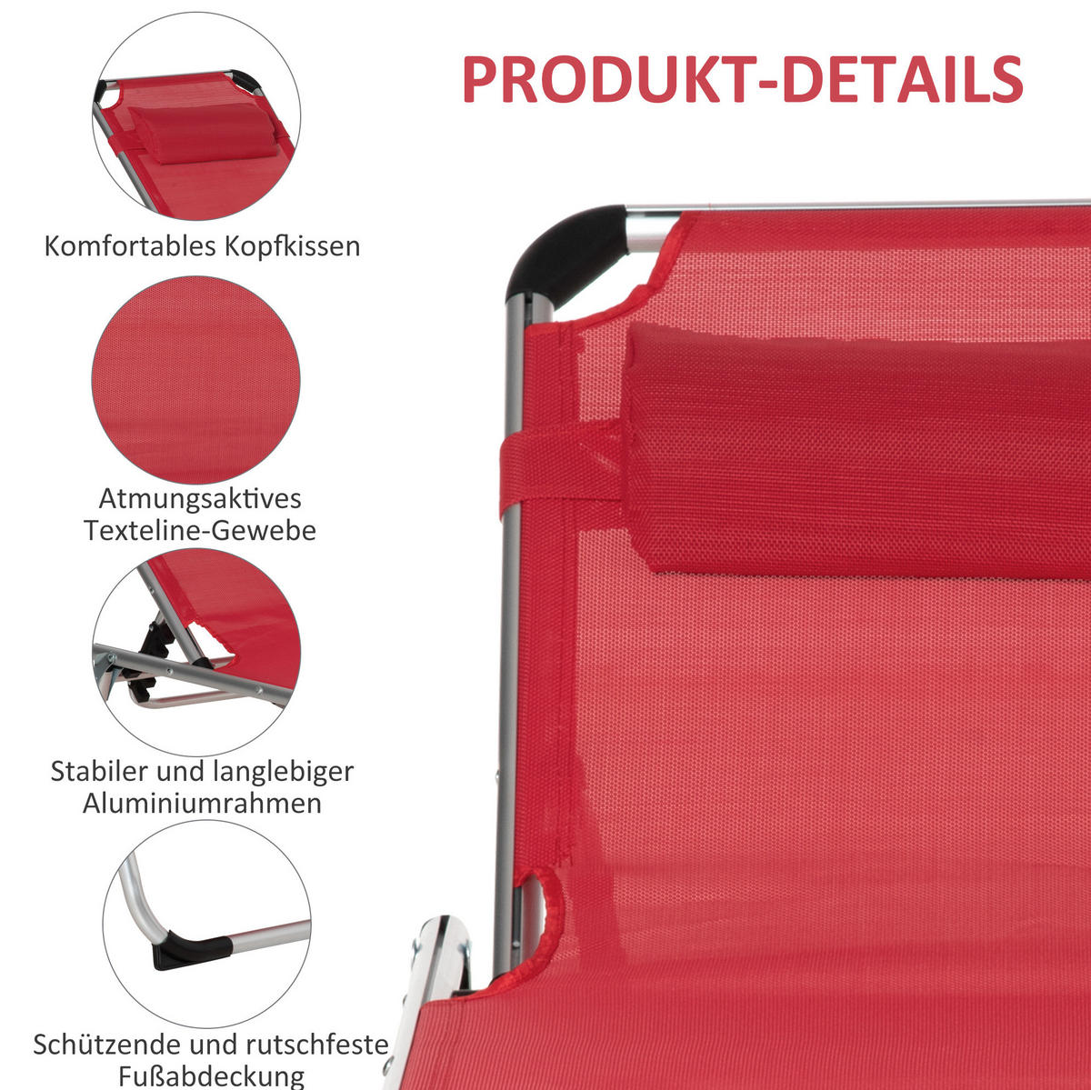 SONNENLIEGE aus Aluminium 165x60x76 cm in Rot mit 4-fach verstellbarer Rückenlehne - Rot, Metall (60/76/165cm) - Modfu