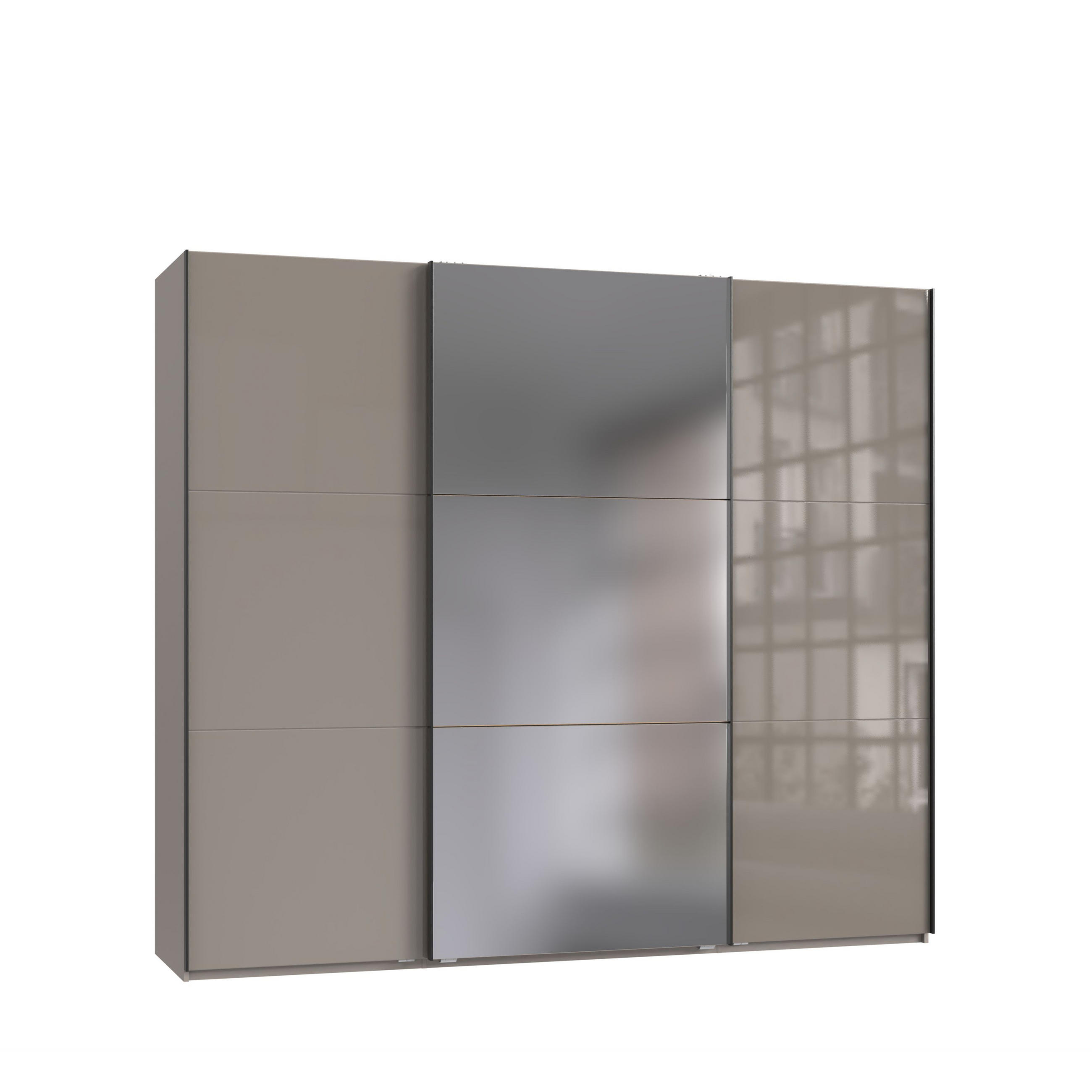 SKŘÍŇ S POSUVNÝMI DVEŘMI, 3dveřová, 250 × 216 × 65 cm (Š×V×H), v pískově šedé barvě se skleněnou přední stranou, s jedněmi zrcadlovými dveřmi / 22034 - písková barva/barva dubu, kov/kompozitní dřevo (250/216/65cm) - luma-home