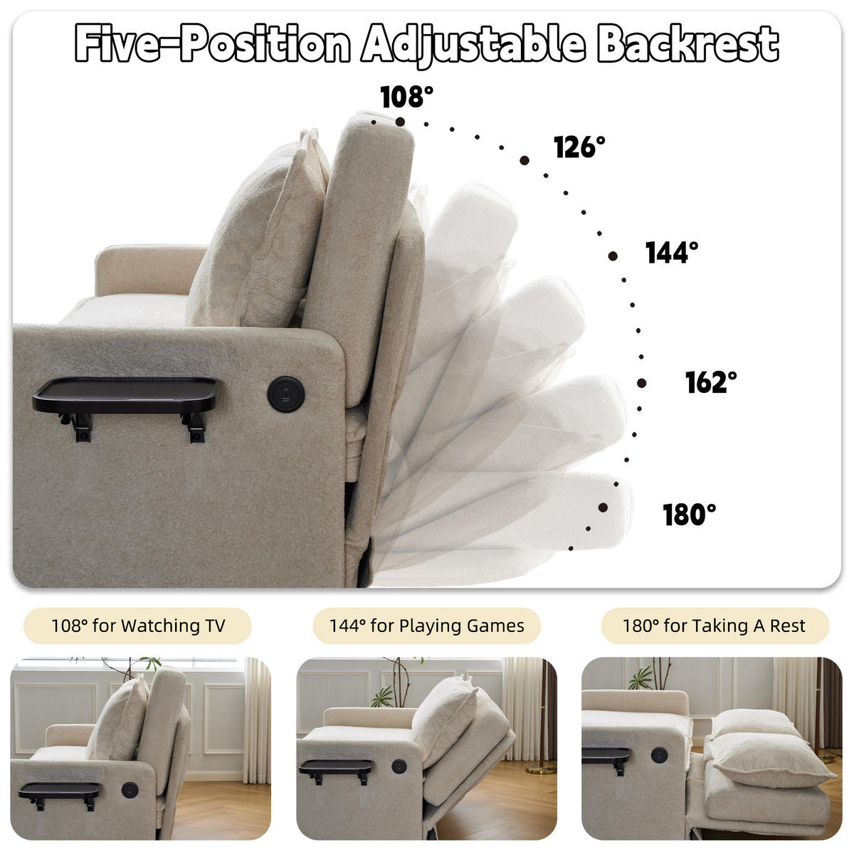 SCHLAFSOFA DE-33505 mit 5‑Stufen verstellbar Beige - Beige, Textil (172.5/95/71cm) - ComfortXL